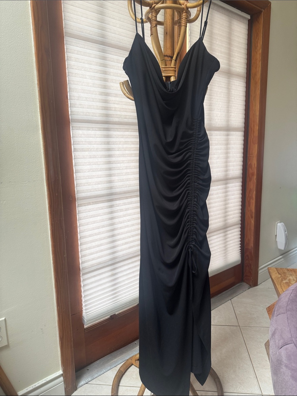 Zara Black Draped Cowl Ruched Maxi Dress